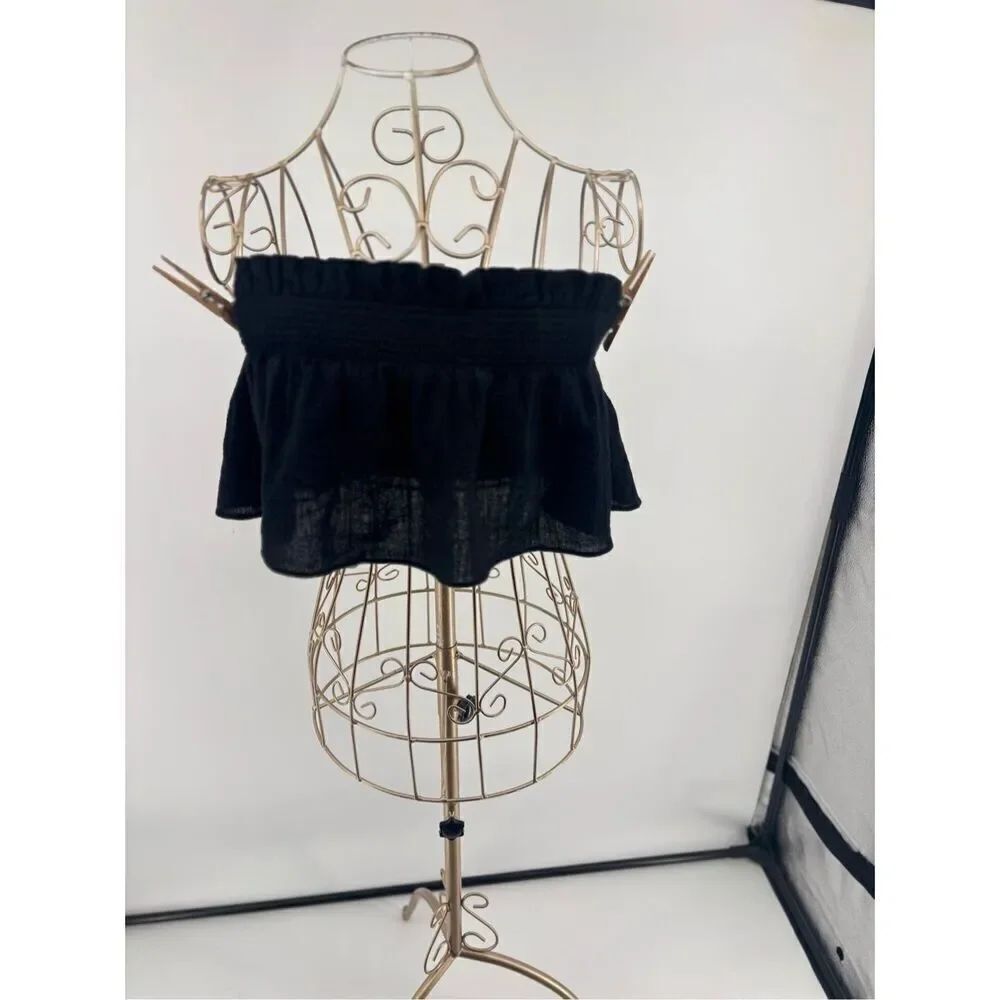 Free People Black Ruffle Strapless Tube Top Smocked Cotton Size S